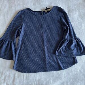 Anthropologie W5 Blue Textured Swiss Dot 3/4 Bell Sleeve Back Zip Blouse Size S